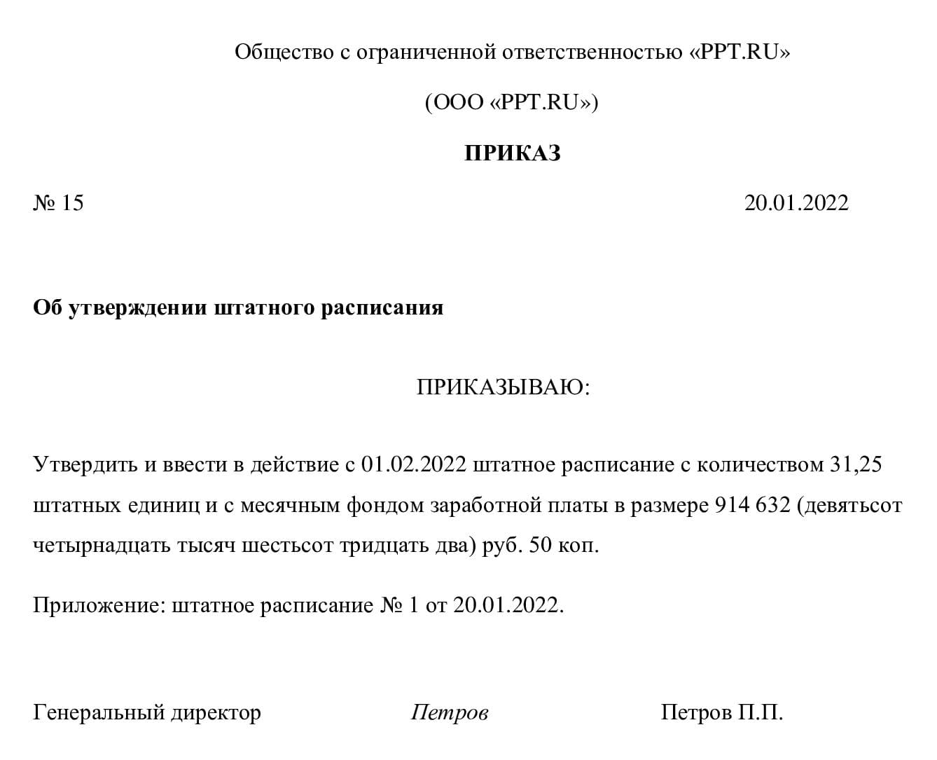 Образец приказа об утверждении штатного расписания в 2022 году: содержание и форма