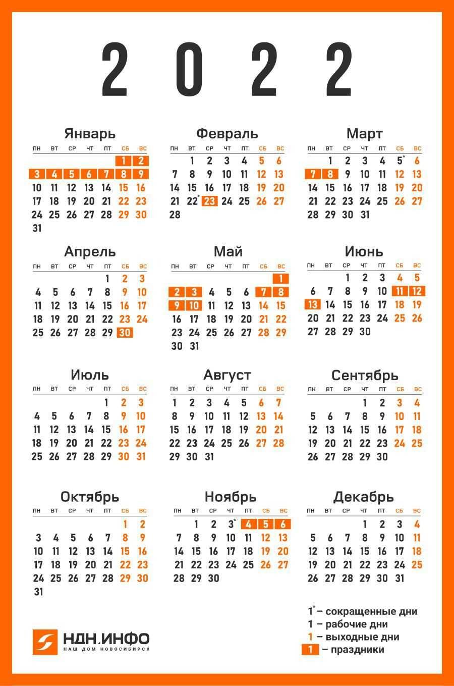 Производственный календарь на 2022 год для 5-дневной рабочей недели