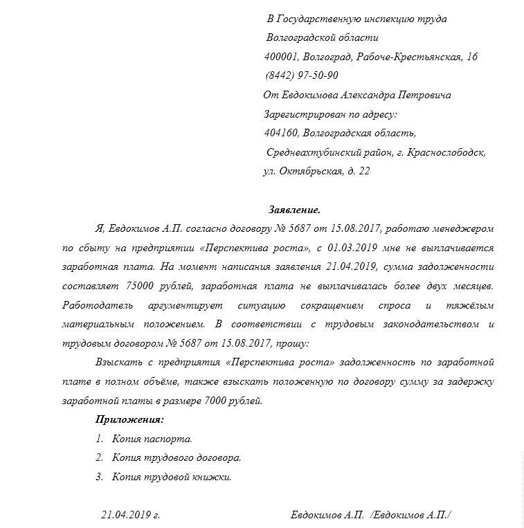 Как написать заявление в трудовую инспекцию на работодателя о невыплате заработной платы образец