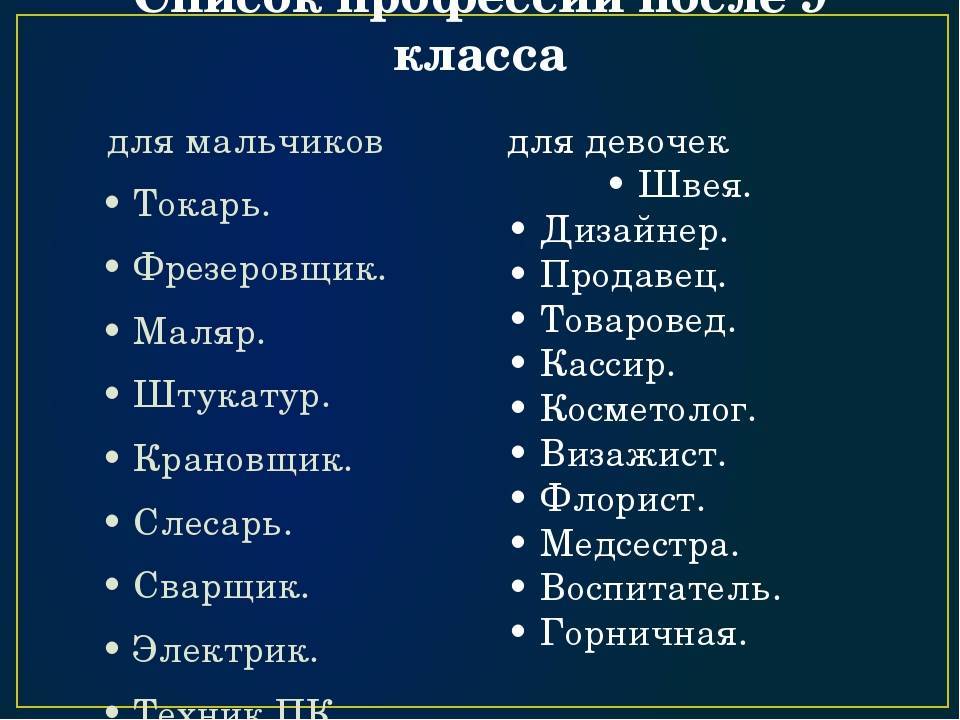 Cписок профессий после 9 класса: на кого можно поступить, специальности для девушек, как выбрать профессию для мальчиков с хорошей зарплатой, высокооплачиваемые профессии после 9 класса | tvercult.ru