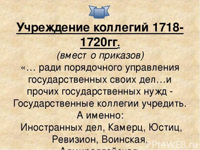 Учреждение коллегий. 1718 Учреждение коллегий. 1718 1721 Учреждение коллегий. 1718-1720гг. 1718 1720 Коллегии.