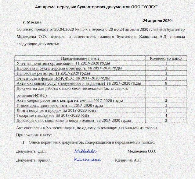 Акт приема-передачи дел и должности должностным лицом организации